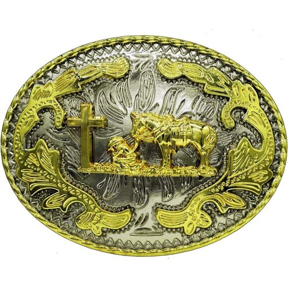 Women\'s Oval Golden Religion Cross Kneeling Prayer And Horse Design Belt Buckles main image 2